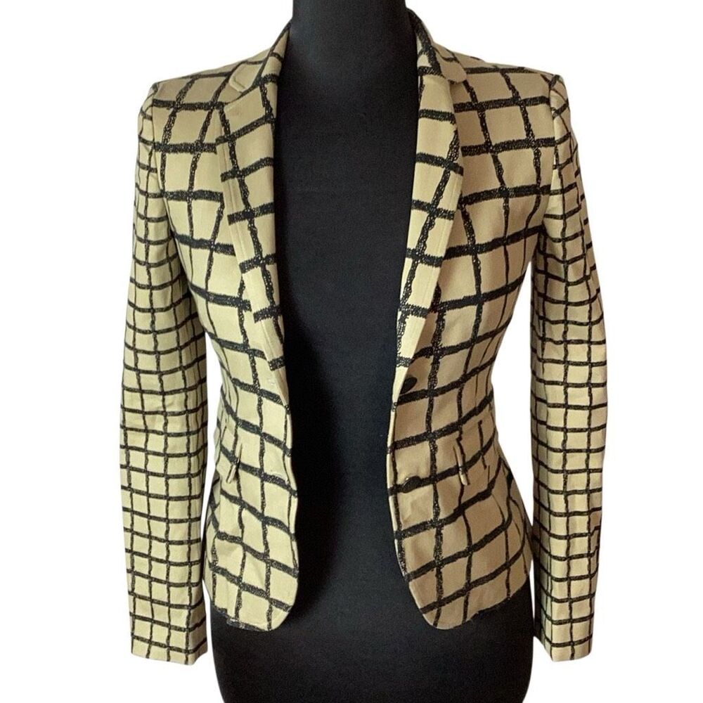 Rag & Bone Sz 2 Windowpane Plaid Blazer Made in USA Silk Blend Lined Black Khaki - Picture 4 of 12
